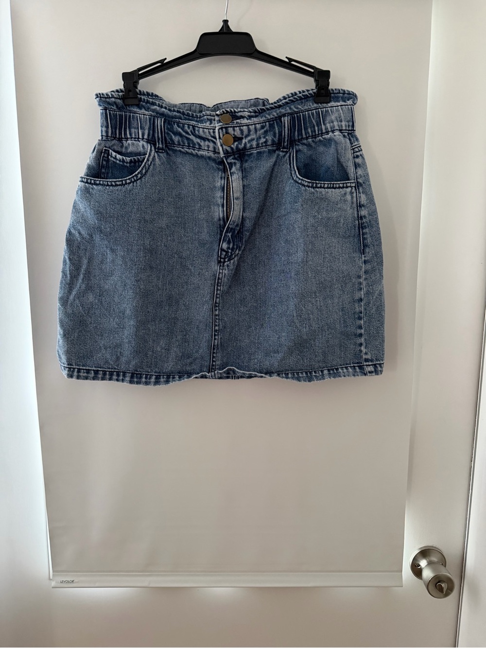High-Rise Light Blue Denim Mini Skirt with Paperbag Waist